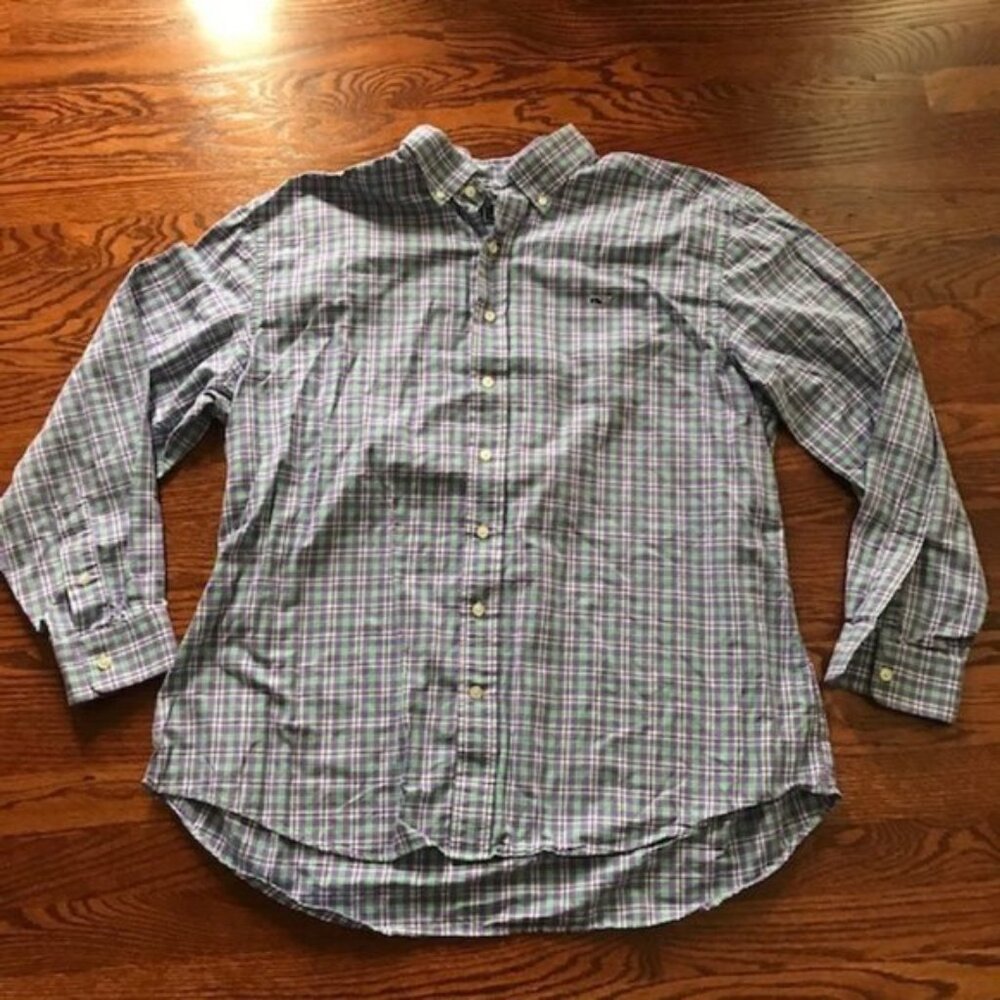 Vineyard Vines Men’s Purple Checkered Whale Shirt Cotton Button Up Sz XL – VGUC